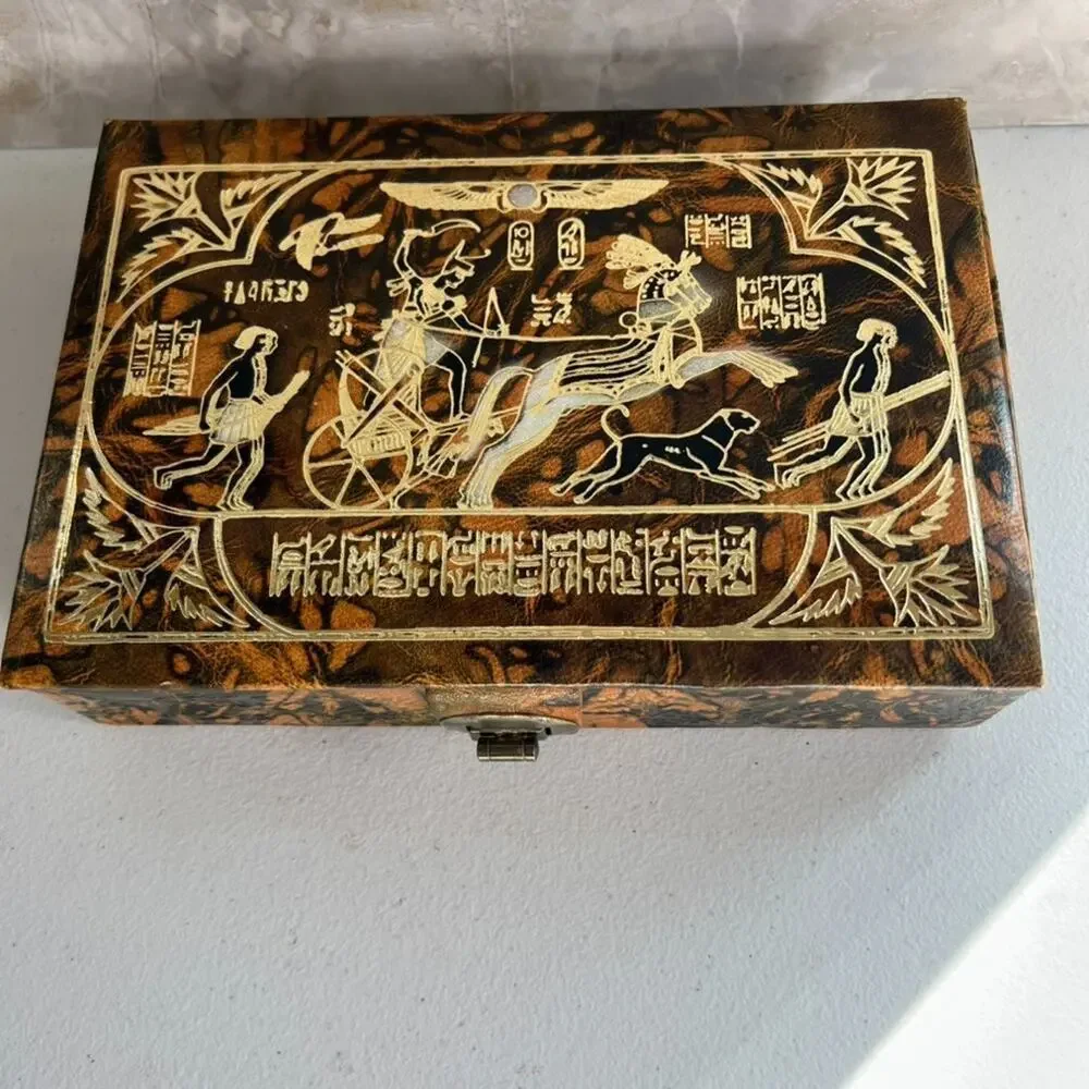 Egyptian Leather Jewelry Box Handmade Chariot Design Trinket Box Embossed